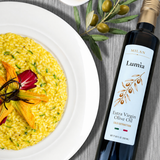 Lumia 100% Italian extra virgin olive oil with zucchini blossom risotto and olive branch