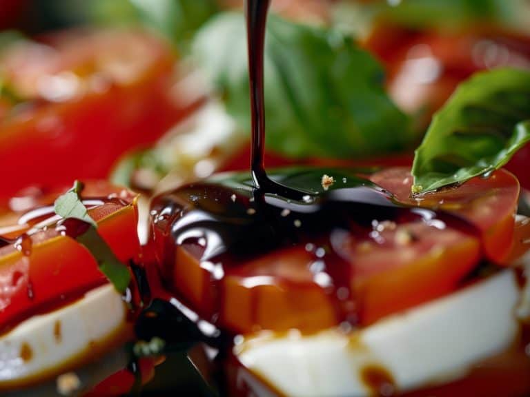 Balsamic vinegar drizzled over tomatoes, mozzarella and fresh basil.