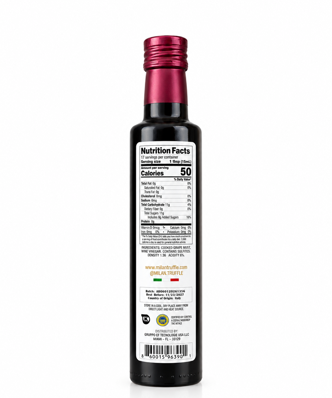 Back label of Milan Balsamic Vinegar of Modena IGP showing Nutrition Facts, ingredients, acidity and density.
