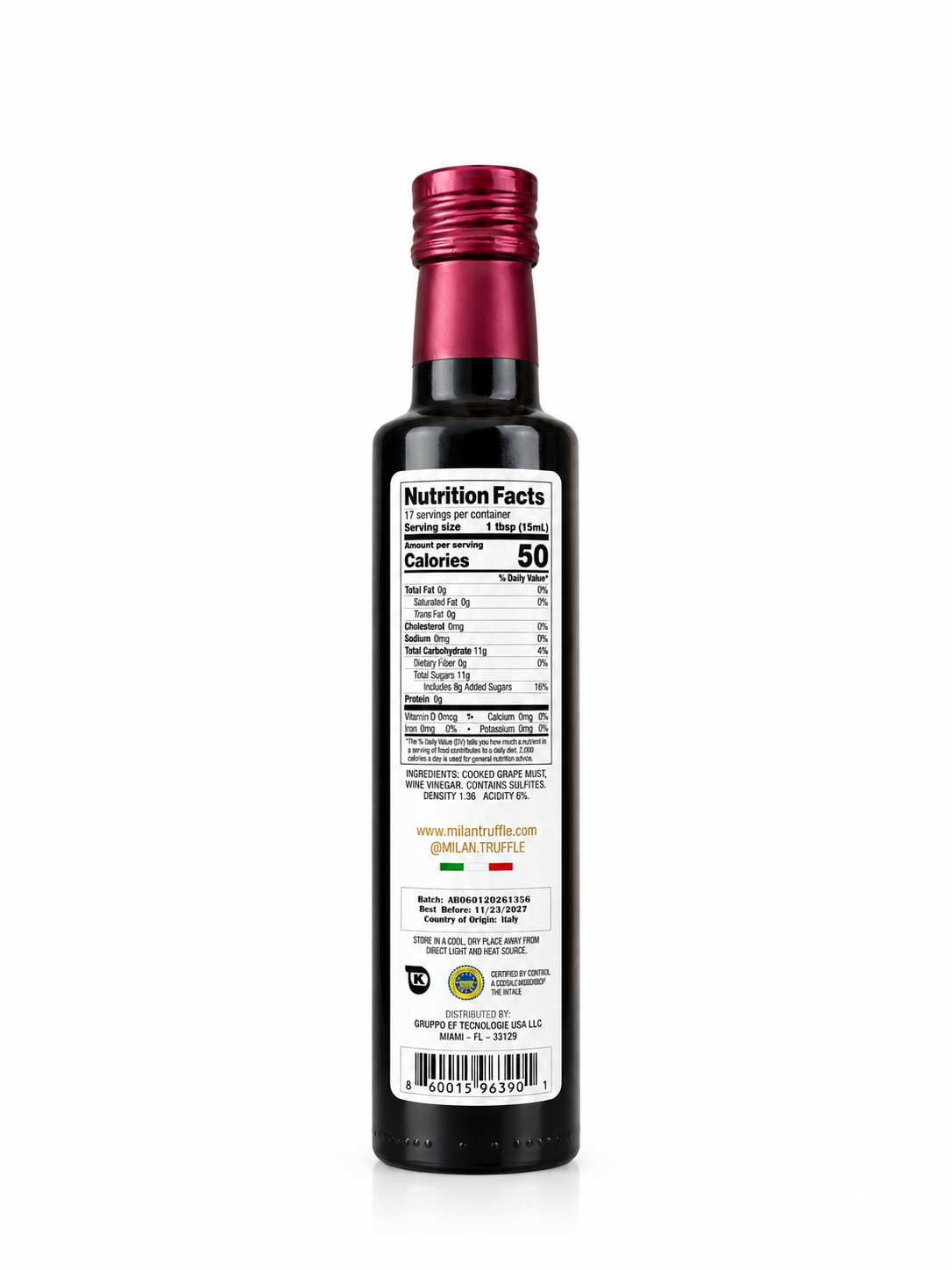 Back label of Milan Balsamic Vinegar of Modena IGP showing Nutrition Facts, ingredients, acidity and density.