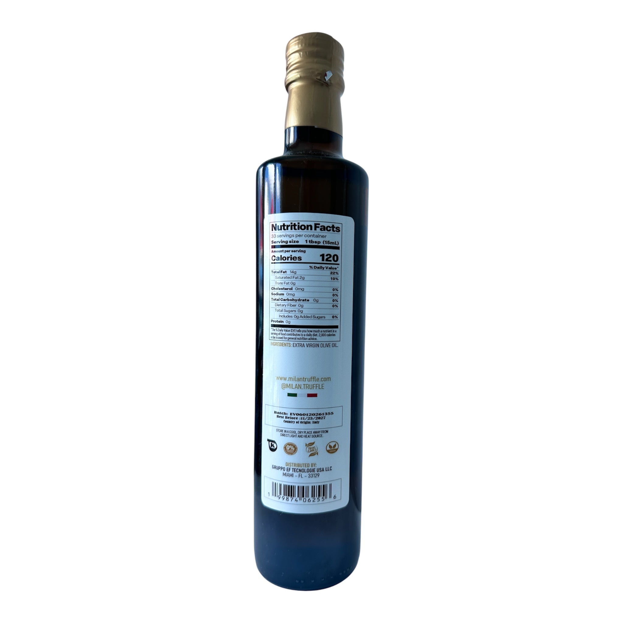 Back of Milan Truffle Italian Extra Virgin Olive Oil 500 mL bottle showing the Nutrition Facts label