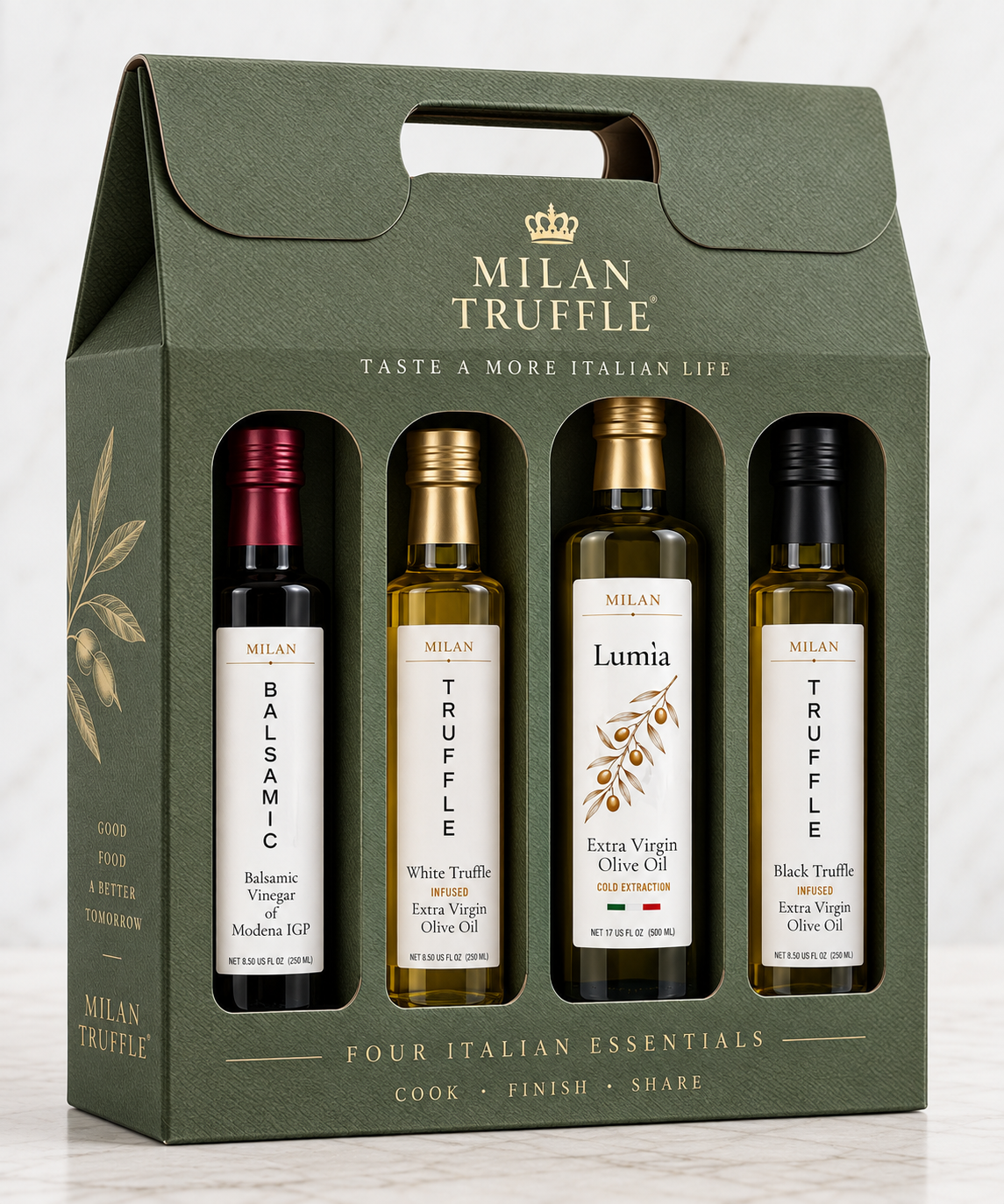 Milan Truffle Italian Olive Oil & Balsamic Tasting Set gift box with EVOO, white truffle oil, black truffle oil, and Balsamic Vinegar of Modena IGP