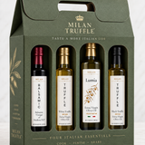 Milan Truffle Italian Olive Oil & Balsamic Tasting Set gift box with EVOO, white truffle oil, black truffle oil, and Balsamic Vinegar of Modena IGP