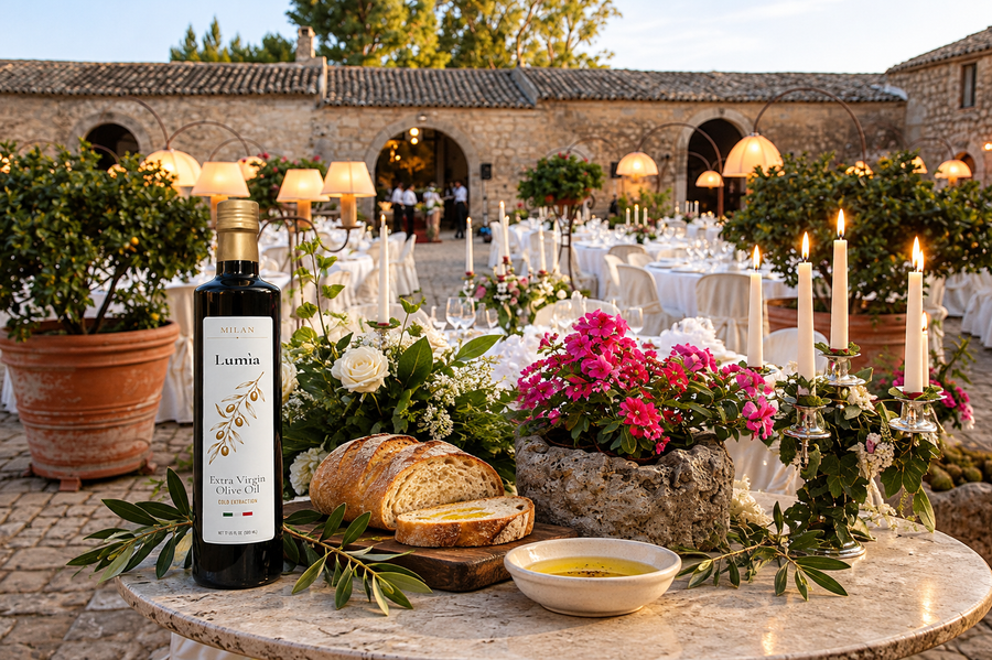 Milan Truffle Lumìa Italian extra virgin olive oil bottle on a stone table at a luxury Italian villa courtyard, surrounded by fresh flowers, rustic bread, olive oil, and elegant outdoor dining tables.