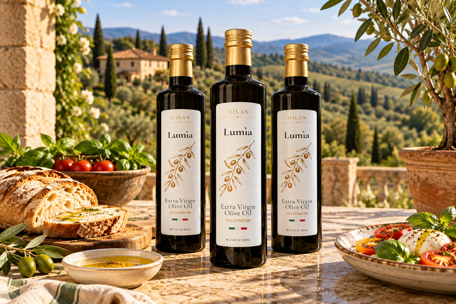 Three bottles of Milan Truffle Lumìa Italian extra virgin olive oil on a stone terrace table at a luxury Tuscan villa, surrounded by olive groves, cypress trees, rustic bread, fresh tomatoes, basil, and mozzarella in warm golden sunlight.