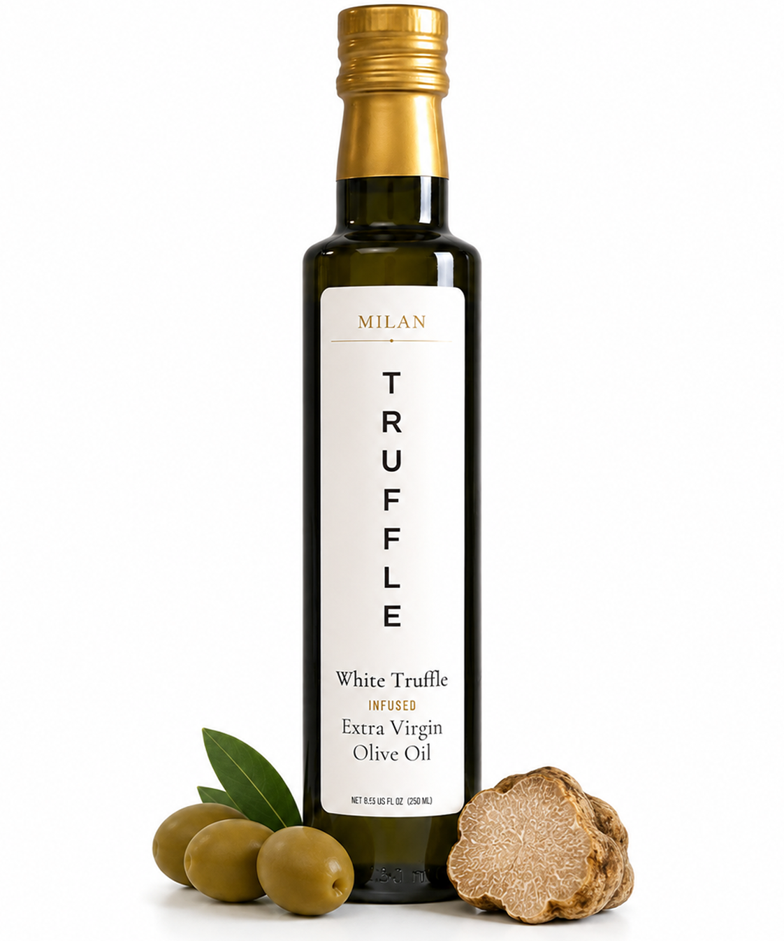Milan Truffle White Truffle Infused Extra Virgin Olive Oil, styled with whole green olives, a green olive leaf, and a slice of white truffle on a clean white background.